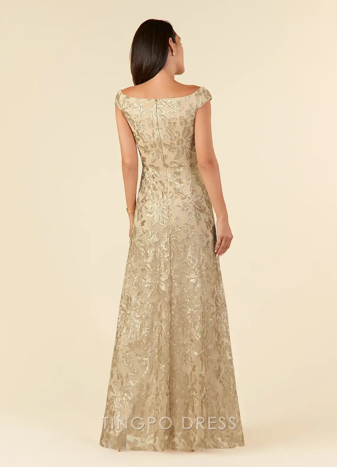 TingPo Wholesale Elegant Champagne A-Line Off the Shoulder Lace Dress